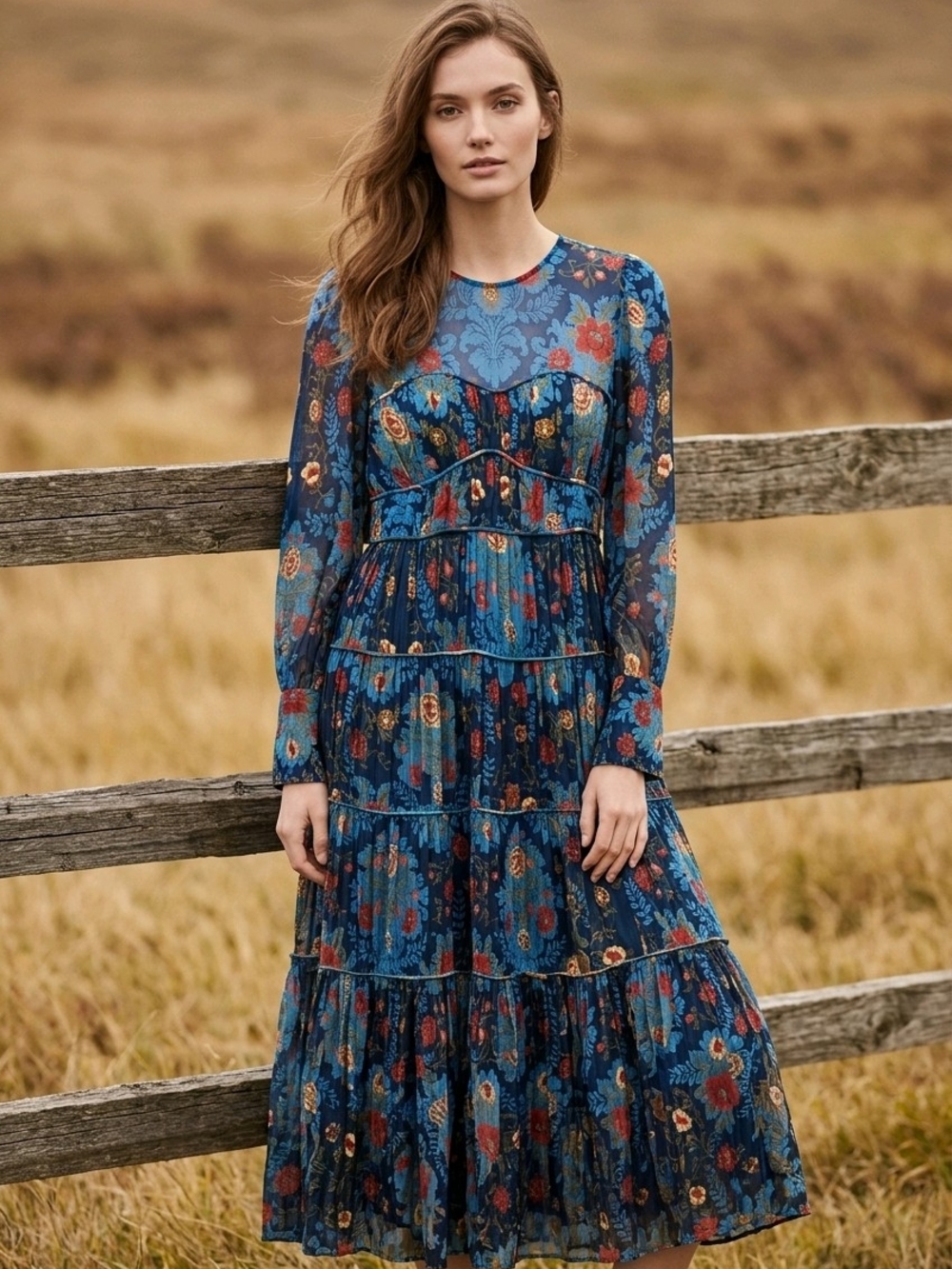 FARM Rio Blue Floral Tiered Maxi Dress $320 Retail - Picture 3 of 7